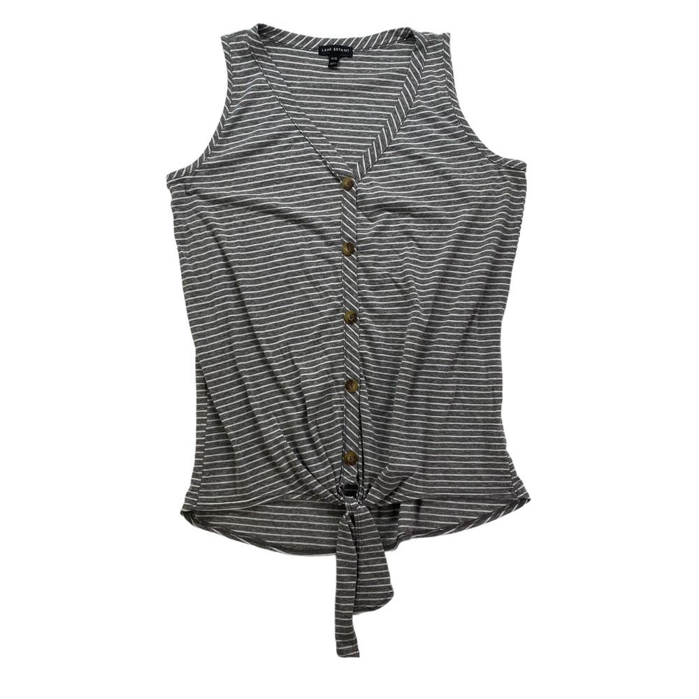 Lane Bryant Knit Top Size 14/16 grey White Stripe Sleeveless‎ Tie front tank top